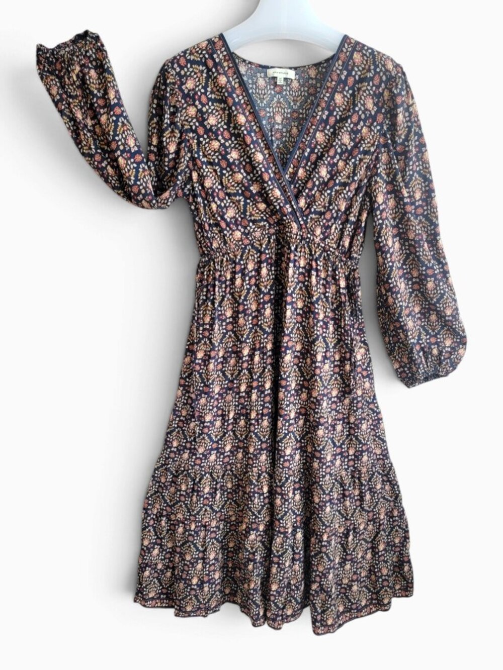 Max Studio M Navy Floral Midi Dress Boho Tiered Empire Waist Cottagecore